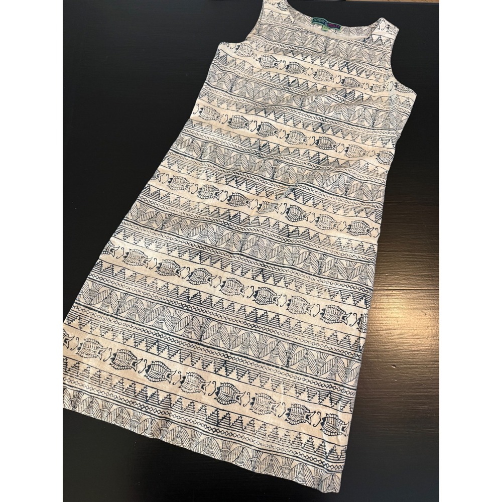 Bombay Paisley Womens XS Cotton Linen Fish Block Print Sleeveless Shift Dress